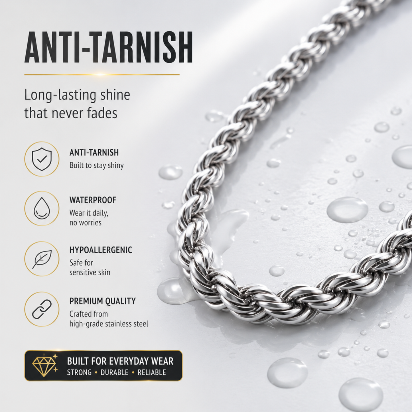 AERIK Rope Chain Necklace for Men – Stainless Steel Anti-Tarnish Chain