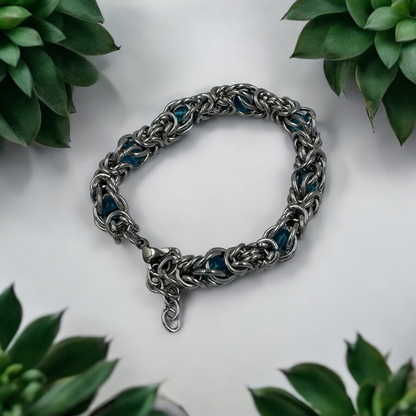 Mystic Waters Byzantine Chainmaille Bracelet with Captured Aqua Glass Beads
