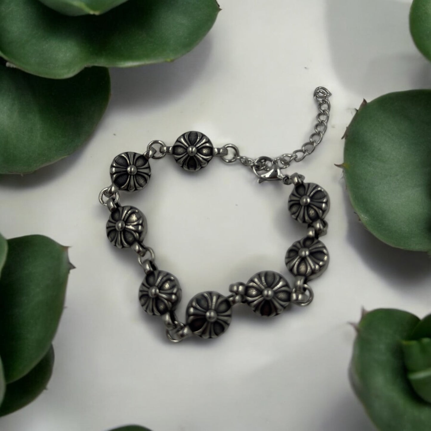 Victorian Cross Medallion Bracelet in Aged Silve