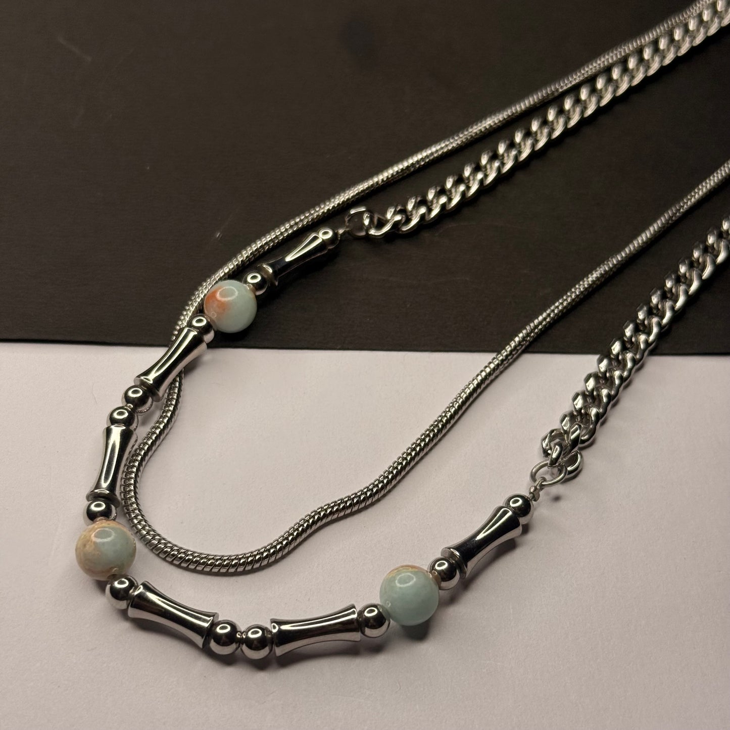 AERIK Dual Layer Beaded Chain Necklace – Stainless Steel Streetwear Necklace for Men