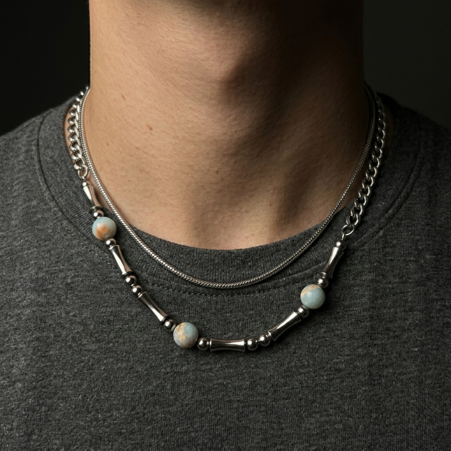 AERIK Dual Layer Beaded Chain Necklace – Stainless Steel Streetwear Necklace for Men