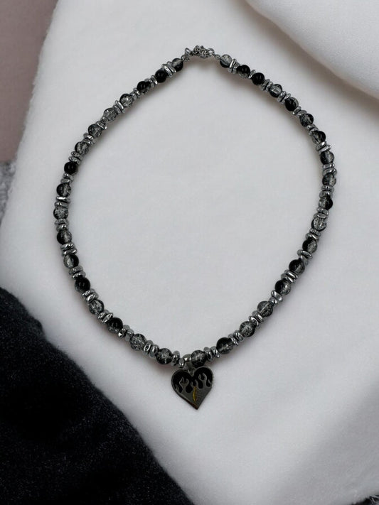 Flaming Heart Glass Bead Choker Necklace